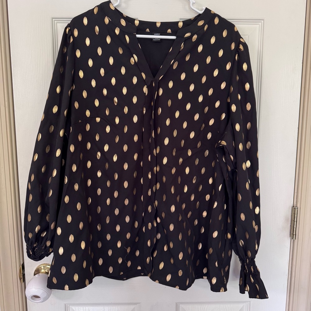 Shein Curve Women's Long Sleeve Blouse Size 2XL Black And Gold Polka Dots